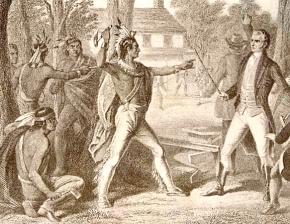 A 19th century drawing depicting Tecumseh facing Gen. W.H. Harrison