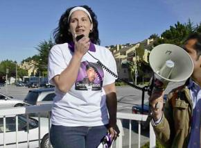 Derrick Gaines' mother speaks at a demonstration marking what would have been his 16th birthday