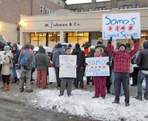 Tenants facing eviction and their supporters picket M. Fishman's offices in Logan Square