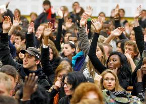 Members of GSOC-UAW Local 2110 at a general assembly meeting